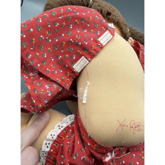 Vintage Cabbage Patch Kids Doll Brown Yarn Hair Red Floral Dress Signed - Picture 4 of 6